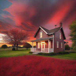 Striking view of a quaint house under a dramatic red sky at sunset