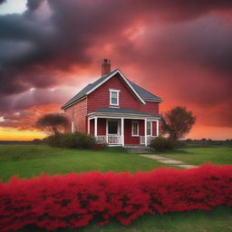 Striking view of a quaint house under a dramatic red sky at sunset