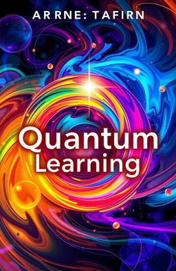 An abstract cover design for a book on quantum learning, featuring swirling patterns of vibrant colors representing the complexity of quantum mechanics and the concept of learning