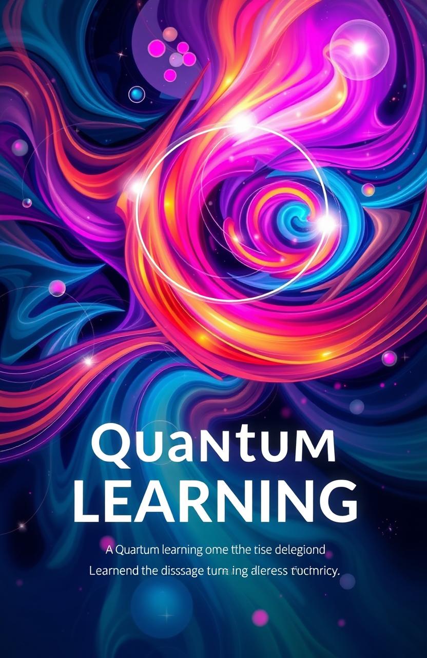 An abstract cover design for a book on quantum learning, featuring swirling patterns of vibrant colors representing the complexity of quantum mechanics and the concept of learning