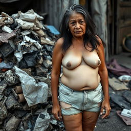 A 50-year-old Thai homeless woman with a rugged face and long, unkempt hair