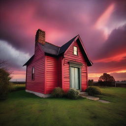 Striking view of a quaint house under a dramatic red sky at sunset