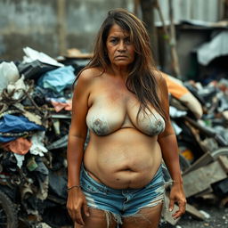 A 50-year-old Thai homeless woman with a rugged face and long, unkempt hair