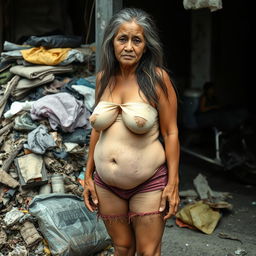 A 50-year-old Thai homeless woman with a rugged face and long, unkempt hair