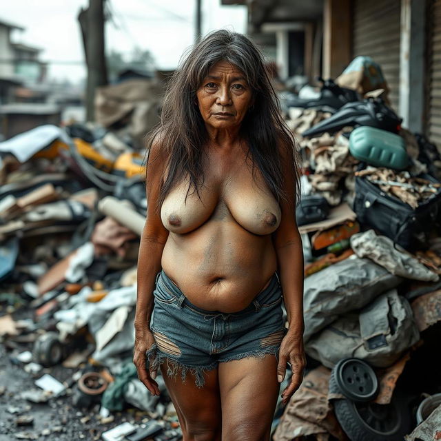 A 50-year-old Thai homeless woman with a rugged face and long, unkempt hair