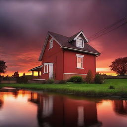 Striking view of a quaint house under a dramatic red sky at sunset