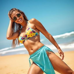 A stylish woman wearing a colorful bikini that accentuates her curves, with a playful and confident pose on a sunny beach