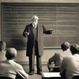 A wise professor standing in front of an old, crowded classroom passionately lecturing about history, chalk in hand, with an elaborate historical timeline drawn behind him on a dusty blackboard