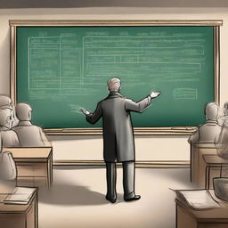 A wise professor standing in front of an old, crowded classroom passionately lecturing about history, chalk in hand, with an elaborate historical timeline drawn behind him on a dusty blackboard