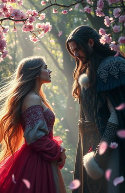 A captivating scene from a fantasy romance novel where a young woman, with flowing long hair and elegant attire, stands in a lush, enchanted forest, gazing at a grand duke