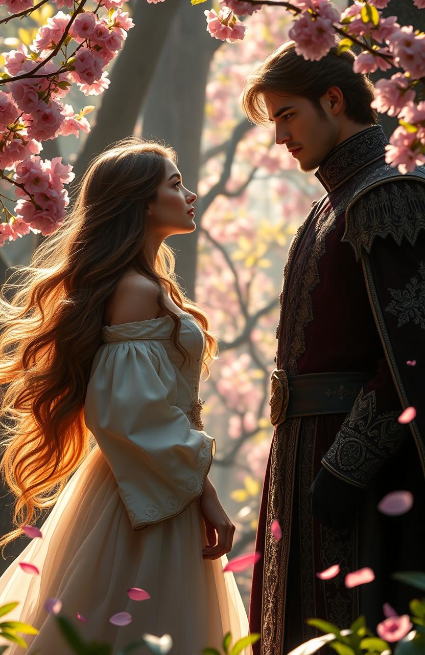 A captivating scene from a fantasy romance novel where a young woman, with flowing long hair and elegant attire, stands in a lush, enchanted forest, gazing at a grand duke