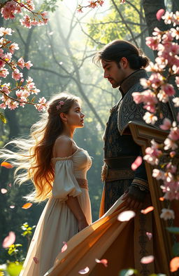 A captivating scene from a fantasy romance novel where a young woman, with flowing long hair and elegant attire, stands in a lush, enchanted forest, gazing at a grand duke