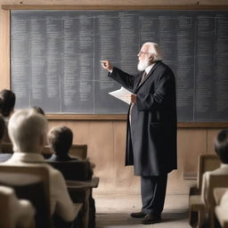 A wise professor standing in front of an old, crowded classroom passionately lecturing about history, chalk in hand, with an elaborate historical timeline drawn behind him on a dusty blackboard