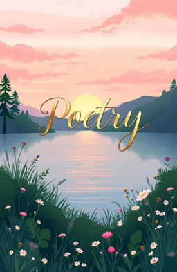 A beautifully illustrated poetry book cover featuring a serene landscape at sunset, with soft pastel colors like pink, purple, and orange in the sky