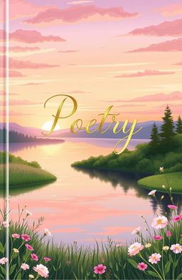 A beautifully illustrated poetry book cover featuring a serene landscape at sunset, with soft pastel colors like pink, purple, and orange in the sky