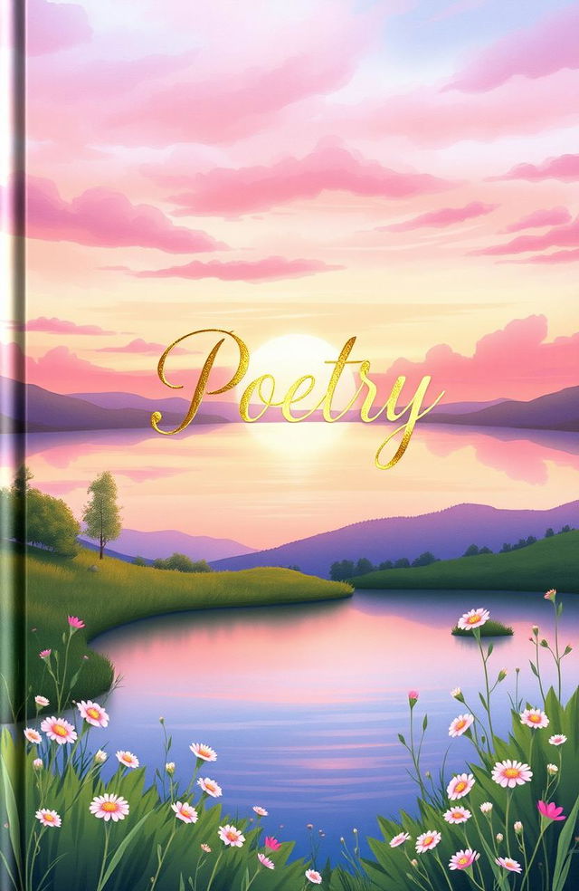 A beautifully illustrated poetry book cover featuring a serene landscape at sunset, with soft pastel colors like pink, purple, and orange in the sky