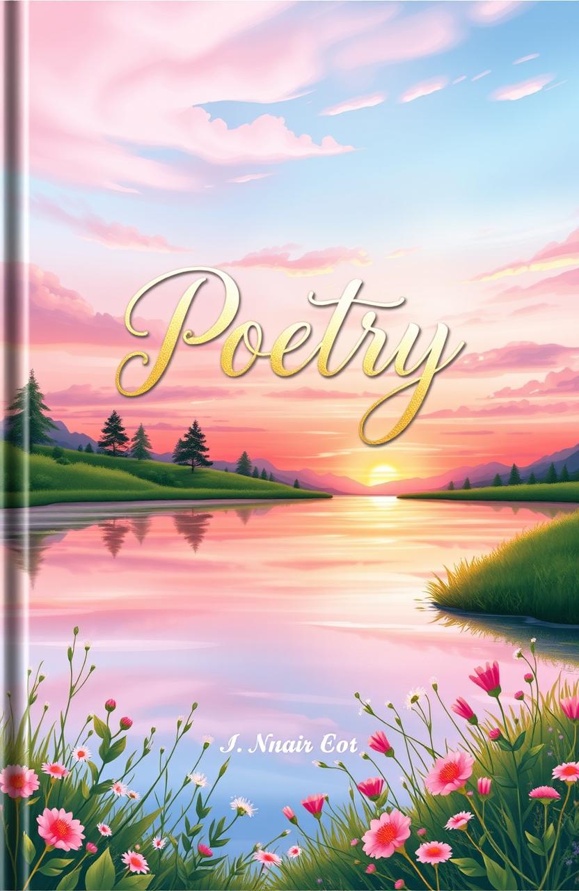 A beautifully illustrated poetry book cover featuring a serene landscape at sunset, with soft pastel colors like pink, purple, and orange in the sky