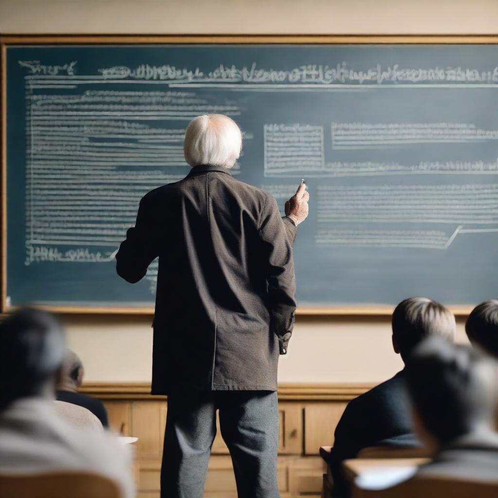 A wise professor standing in front of an old, crowded classroom passionately lecturing about history, chalk in hand, with an elaborate historical timeline drawn behind him on a dusty blackboard