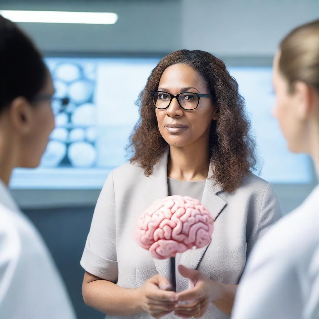 A brilliant female professor explaining intricate workings of the human brain to her students, standing next to a detailed 3D model of the brain, in a high-tech, modern neuroscience laboratory