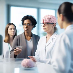 A brilliant female professor explaining intricate workings of the human brain to her students, standing next to a detailed 3D model of the brain, in a high-tech, modern neuroscience laboratory