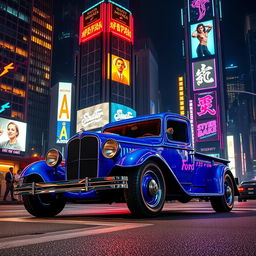 A classic 1930 Ford truck in vibrant lightning blue, parked on a street in a futuristic cyberpunk city at night