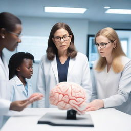 A brilliant female professor explaining intricate workings of the human brain to her students, standing next to a detailed 3D model of the brain, in a high-tech, modern neuroscience laboratory