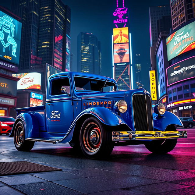 A classic 1930 Ford truck in vibrant lightning blue, parked on a street in a futuristic cyberpunk city at night