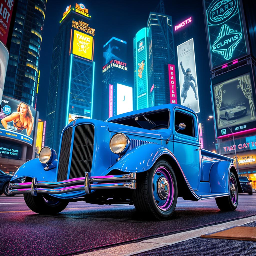 A classic 1930 Ford truck in vibrant lightning blue, parked on a street in a futuristic cyberpunk city at night