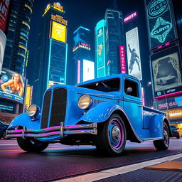 A classic 1930 Ford truck in vibrant lightning blue, parked on a street in a futuristic cyberpunk city at night