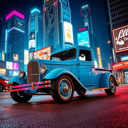 A classic 1930 Ford truck in vibrant lightning blue, parked on a street in a futuristic cyberpunk city at night