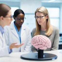 A brilliant female professor explaining intricate workings of the human brain to her students, standing next to a detailed 3D model of the brain, in a high-tech, modern neuroscience laboratory