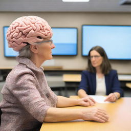 A remarkable female linguistics professor unraveling the complexities of brain-language relationships, using an interactive 3D model of the brain highlighting areas responsible for speech and language, in a state-of-the-art classroom