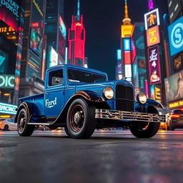 A 1930 Ford truck in striking lightning blue, set against a bustling cyberpunk cityscape at night