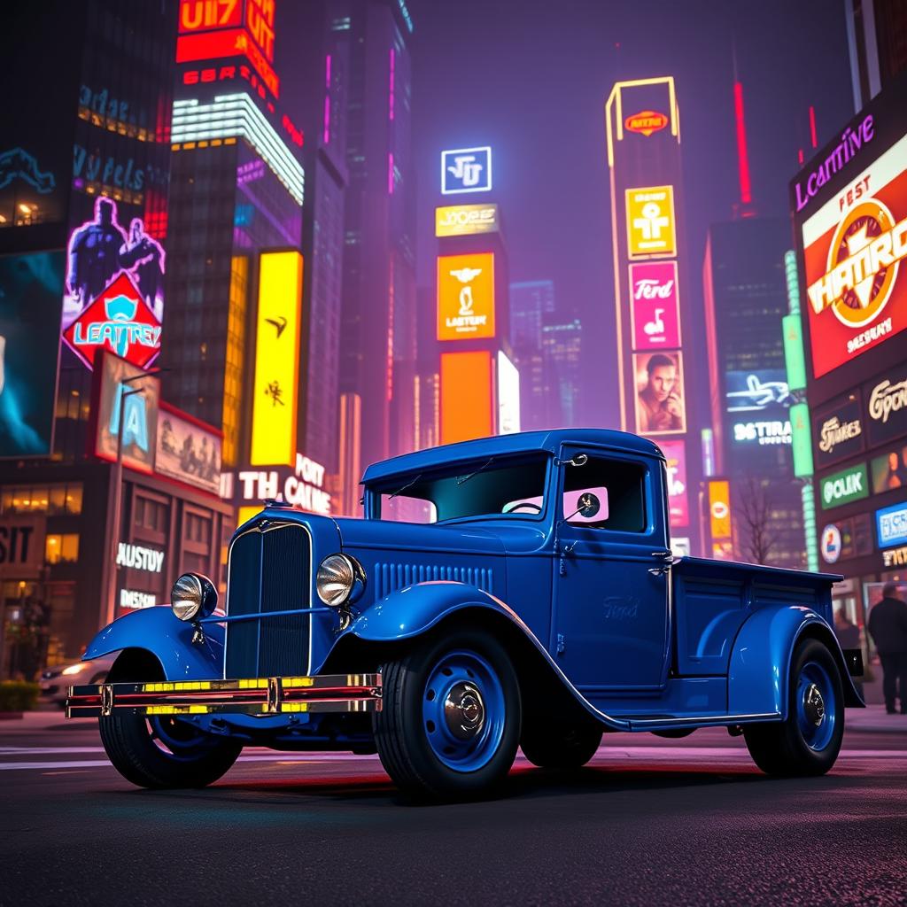 A 1930 Ford truck in striking lightning blue, set against a bustling cyberpunk cityscape at night