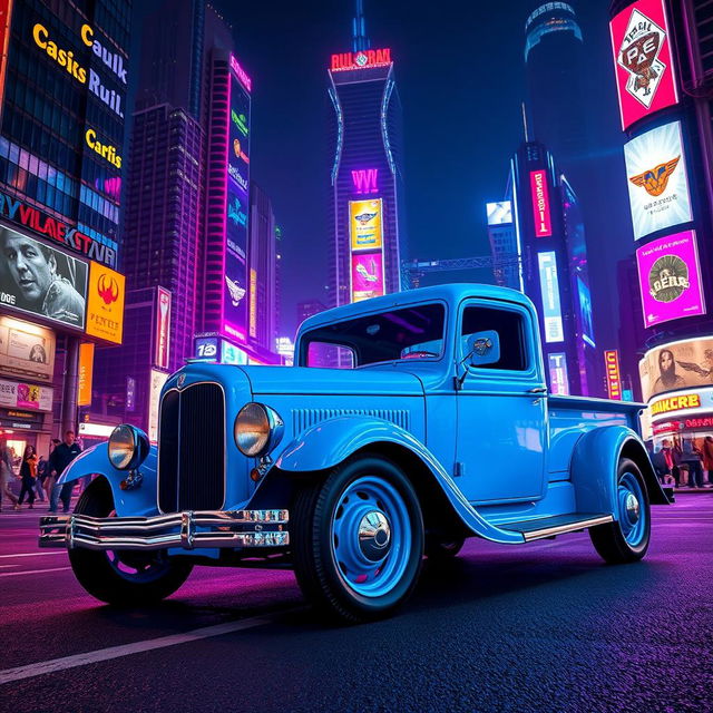 A 1930 Ford truck in striking lightning blue, set against a bustling cyberpunk cityscape at night