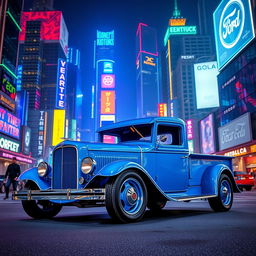 A 1930 Ford truck in striking lightning blue, set against a bustling cyberpunk cityscape at night