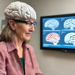 A remarkable female linguistics professor unraveling the complexities of brain-language relationships, using an interactive 3D model of the brain highlighting areas responsible for speech and language, in a state-of-the-art classroom