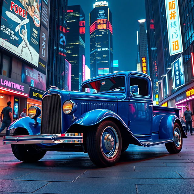 A 1930 Ford truck, elegantly painted in a striking lightning blue, is parked on a bustling street in a cyberpunk city at night