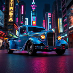 A 1930 Ford truck, elegantly painted in a striking lightning blue, is parked on a bustling street in a cyberpunk city at night