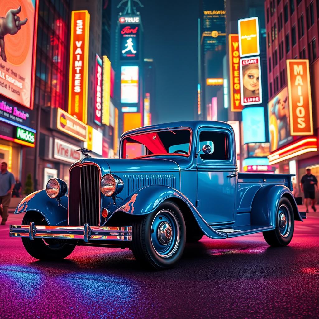 A 1930 Ford truck, elegantly painted in a striking lightning blue, is parked on a bustling street in a cyberpunk city at night