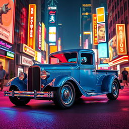 A 1930 Ford truck, elegantly painted in a striking lightning blue, is parked on a bustling street in a cyberpunk city at night