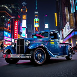 A 1930 Ford truck, elegantly painted in a striking lightning blue, is parked on a bustling street in a cyberpunk city at night