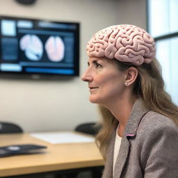 A remarkable female linguistics professor unraveling the complexities of brain-language relationships, using an interactive 3D model of the brain highlighting areas responsible for speech and language, in a state-of-the-art classroom