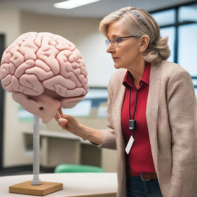 A remarkable female linguistics professor unraveling the complexities of brain-language relationships, using an interactive 3D model of the brain highlighting areas responsible for speech and language, in a state-of-the-art classroom