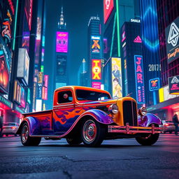 A vibrant 1930 Ford truck, showcasing a stunning paint job with bright colors, stands proudly in the heart of a futuristic cyberpunk city