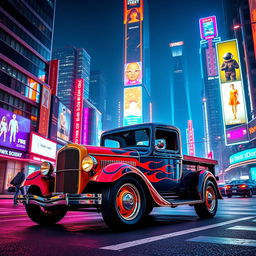 A vibrant 1930 Ford truck, showcasing a stunning paint job with bright colors, stands proudly in the heart of a futuristic cyberpunk city