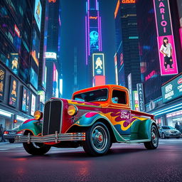 A vibrant 1930 Ford truck, showcasing a stunning paint job with bright colors, stands proudly in the heart of a futuristic cyberpunk city