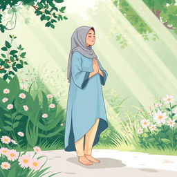 An illustration depicting the theme of health and wellness, focusing on a person dressed in modest, covered clothing