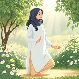 An illustration depicting the theme of health and wellness, focusing on a person dressed in modest, covered clothing