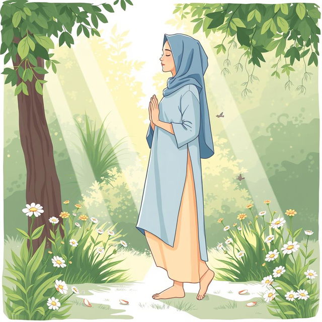 An illustration depicting the theme of health and wellness, focusing on a person dressed in modest, covered clothing